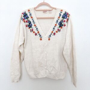 VTG Huntington Ridge Womens Cardigan Sz S‎ Cream Embroidered Floral Cottage Cozy